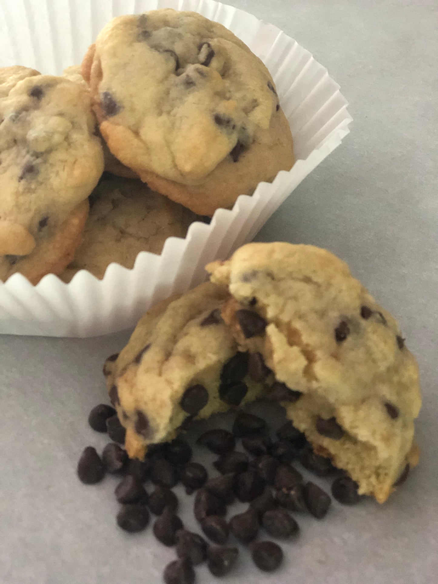 Melt in your mouth, mini creamy milk chocolate  surrounded by a fluffy, buttery cookie, filled with semi-sweet chocolate chips.